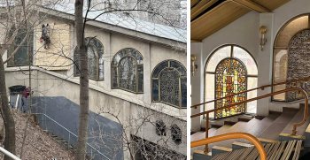 Киев. Витражи фуникулера прикрывают досками