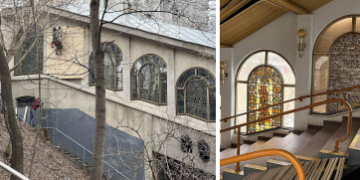 Киев. Витражи фуникулера прикрывают досками